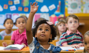 children raising hands in school