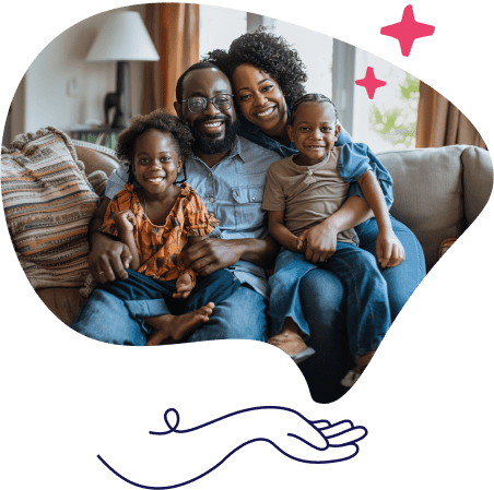 Family sitting in living room